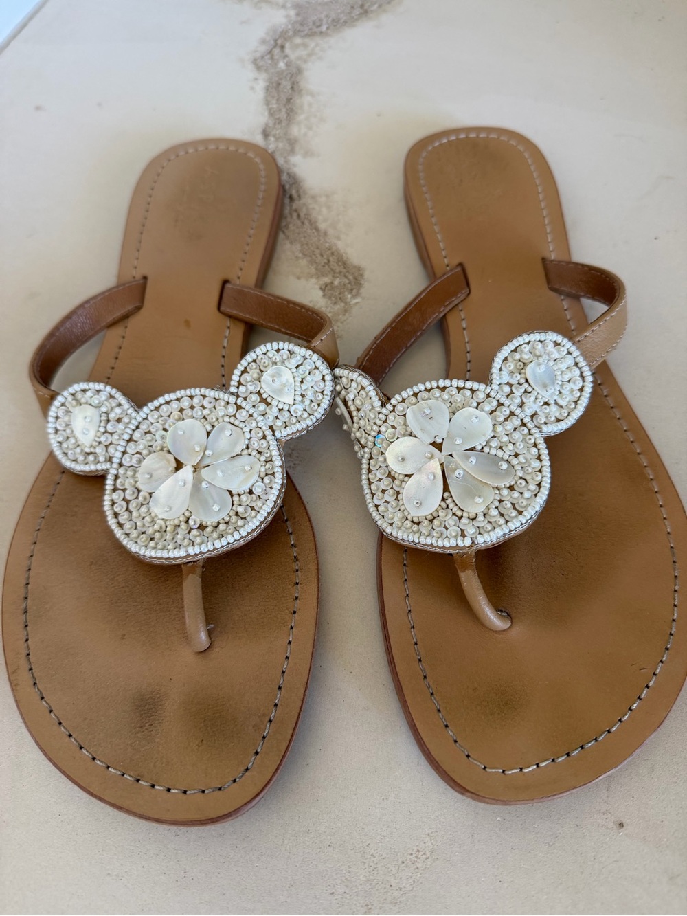 Tan Beaded Floral Thong Sandals with White Embellishment